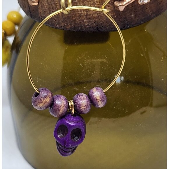 Colorful Skull-Themed Wine Glass Charms Set - 4 Unique Charms With Beads & Wood - Picture 13 of 13